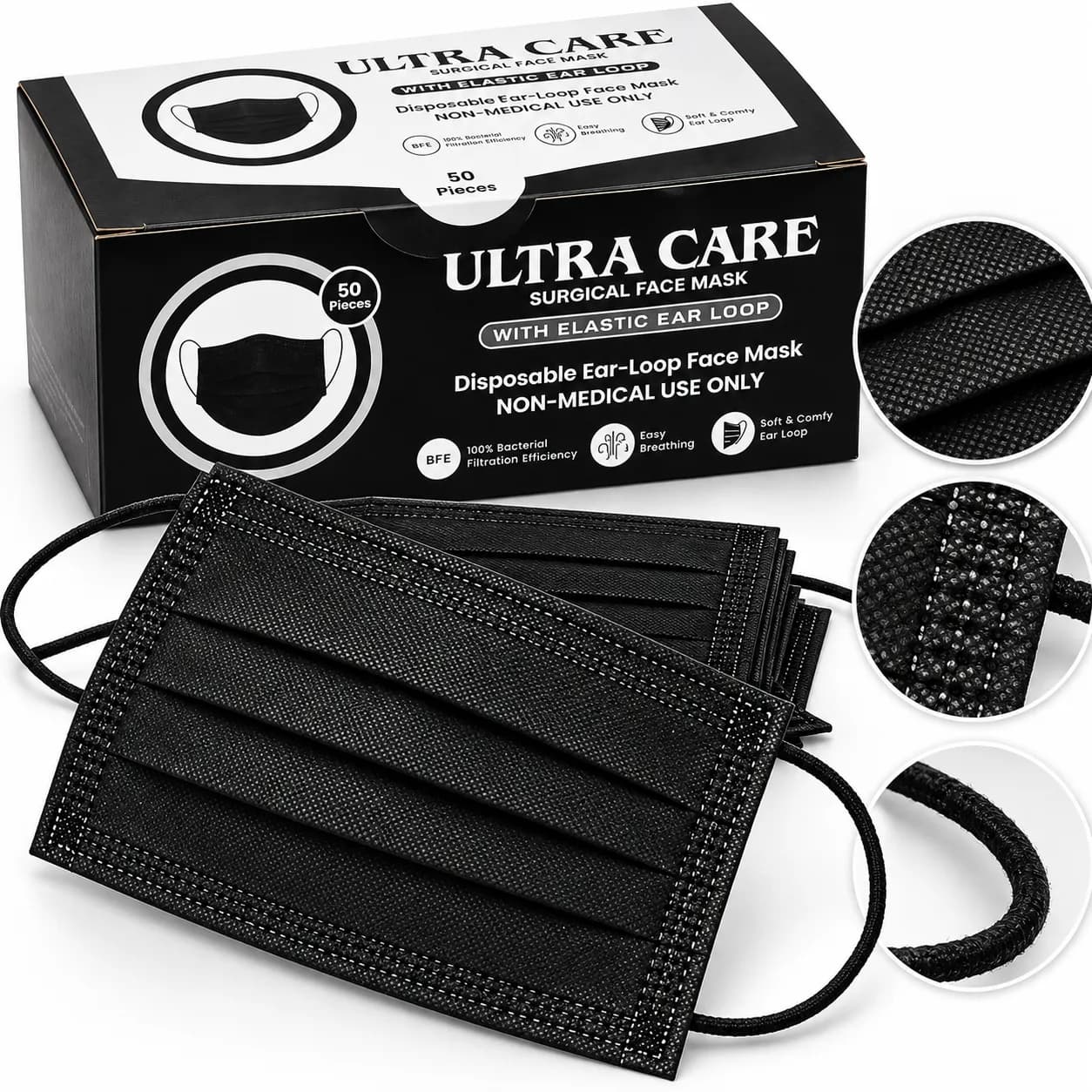 Ultra Care Black Disposable Face Masks | Elastic Ear Loops Masks