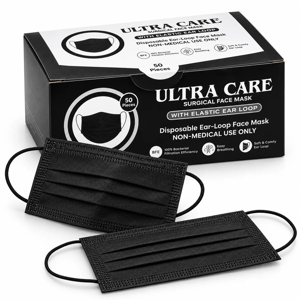 Ultra Care Black Disposable Face Masks | Elastic Ear Loops Masks