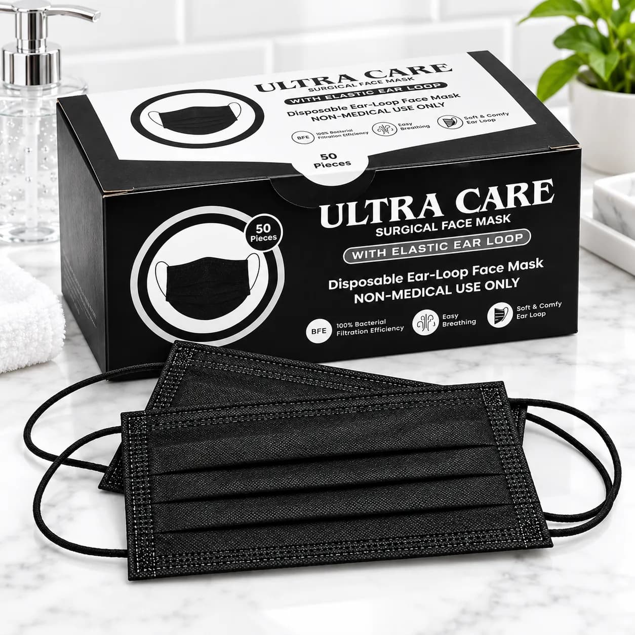 Ultra Care Black Disposable Face Masks | Elastic Ear Loops Masks