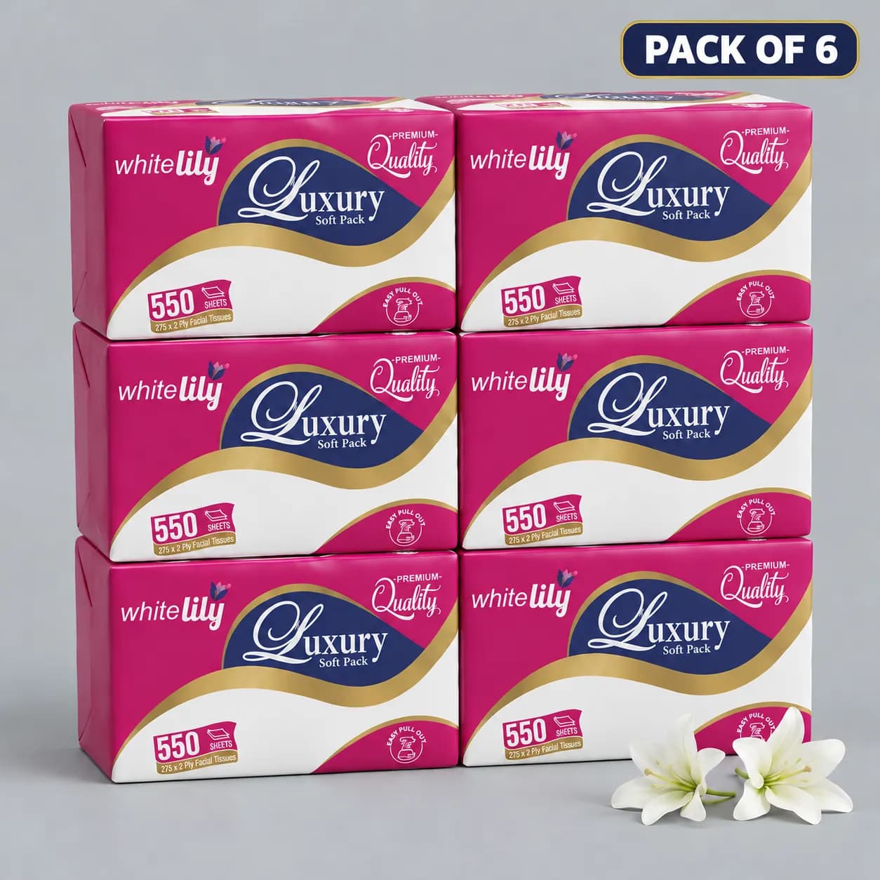 White Lily Luxury Soft Pack Facial Tissues 2 Ply – Pack of 6 | 550 Sheets Each